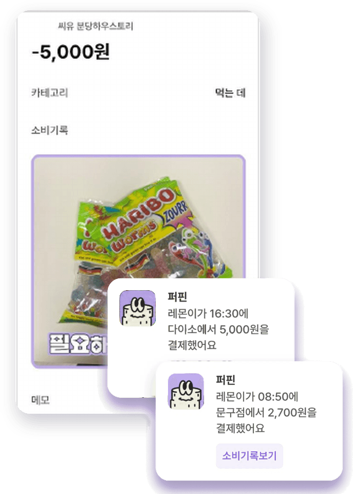 소비 기록 화면 위에 겹쳐진 결제 알림 2건